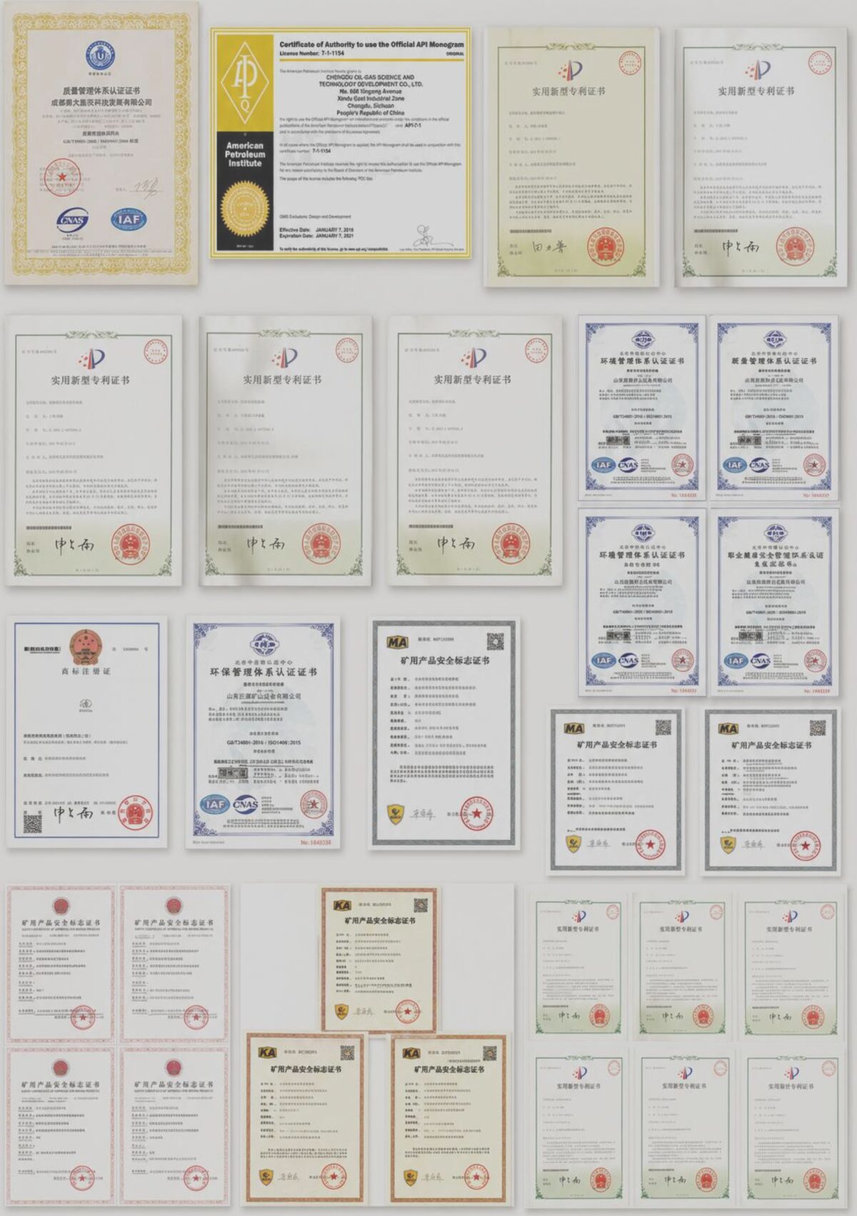 Wall of certificates, patents and safety approvals held across the group