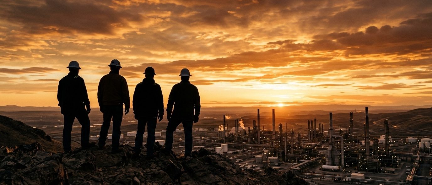Engineers in hard hats on an industrial site at dusk, illustrating the sectors DEHAKA Group operates in
