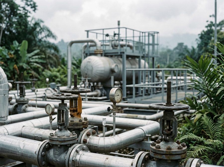 Insulated steel pipework and valve handwheels at an onshore gas processing skid, surrounded by tropical vegetation
