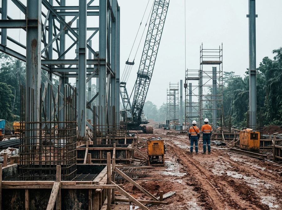 Steel structural framework, rebar cages and a crawler crane on an industrial construction site in tropical Indonesia
