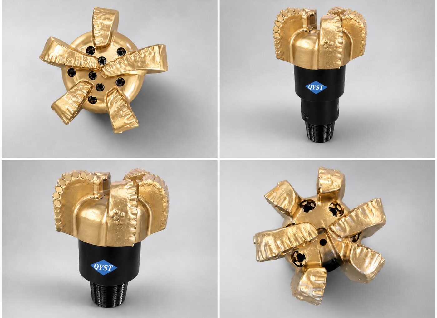 Four polycrystalline diamond compact drill bits photographed from different angles