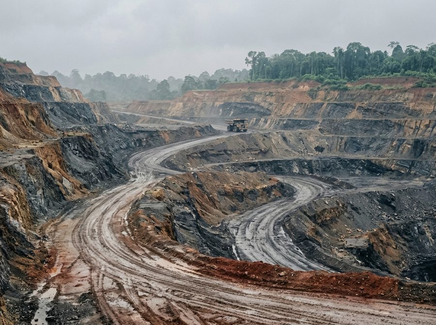 Working benches of an open pit coal mine seen from the pit floor, with laterite haul roads and tropical forest on the rim