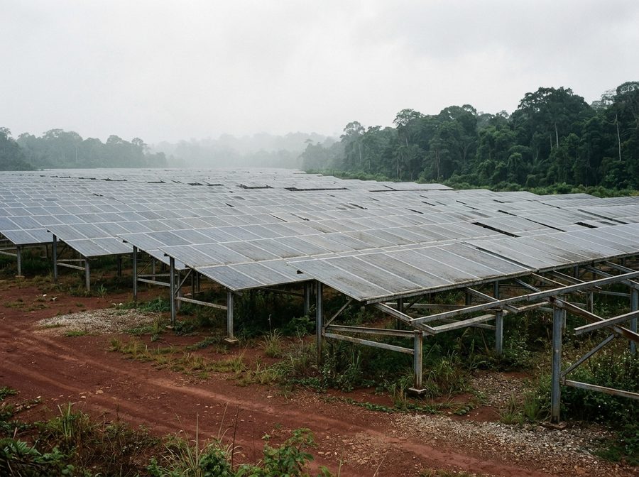 Ground mounted solar array on cleared laterite ground with tropical forest along the far edge